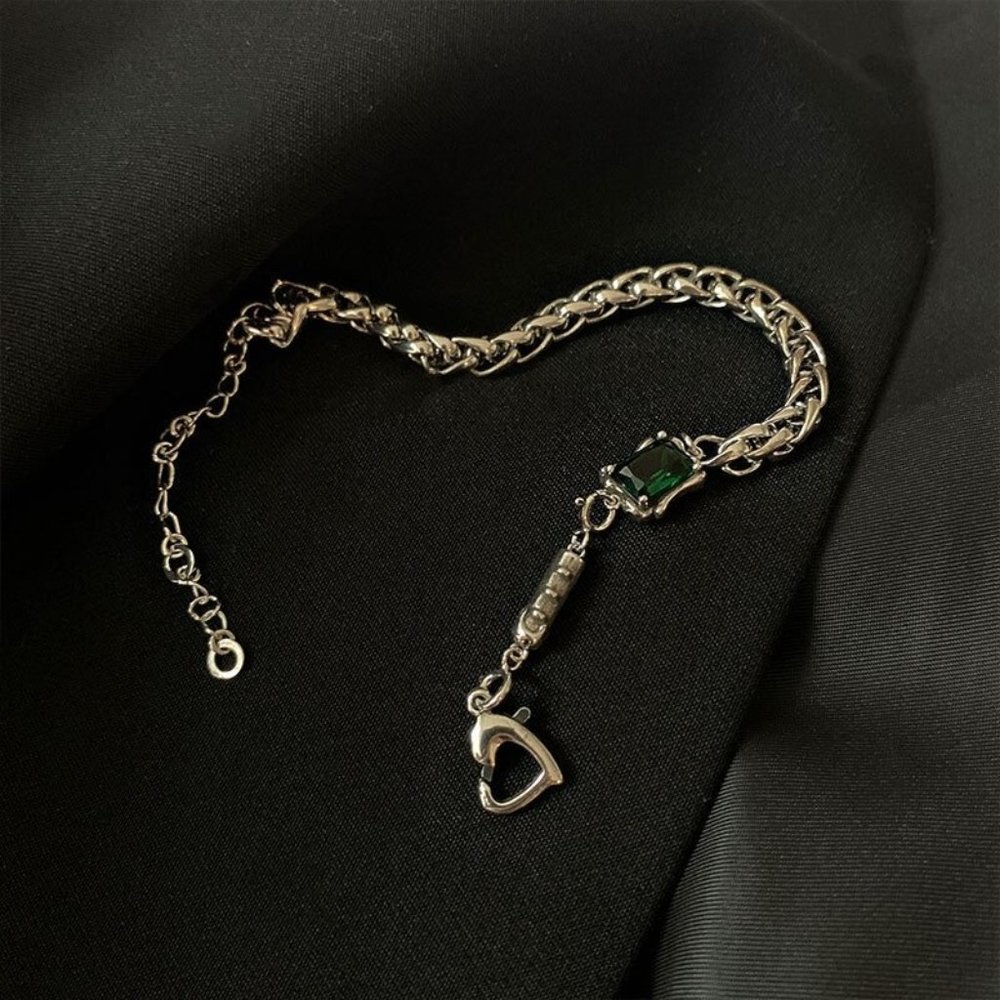 NEW Silver Vintage Green Square Zircon Thick Thain Bracelet - Picture 6 of 7